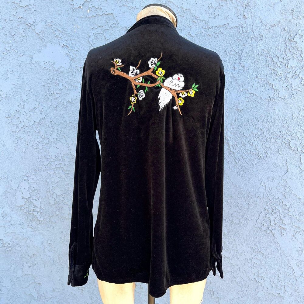 70s Embroidered Bird Shirt Velvet Size Small Hippie top